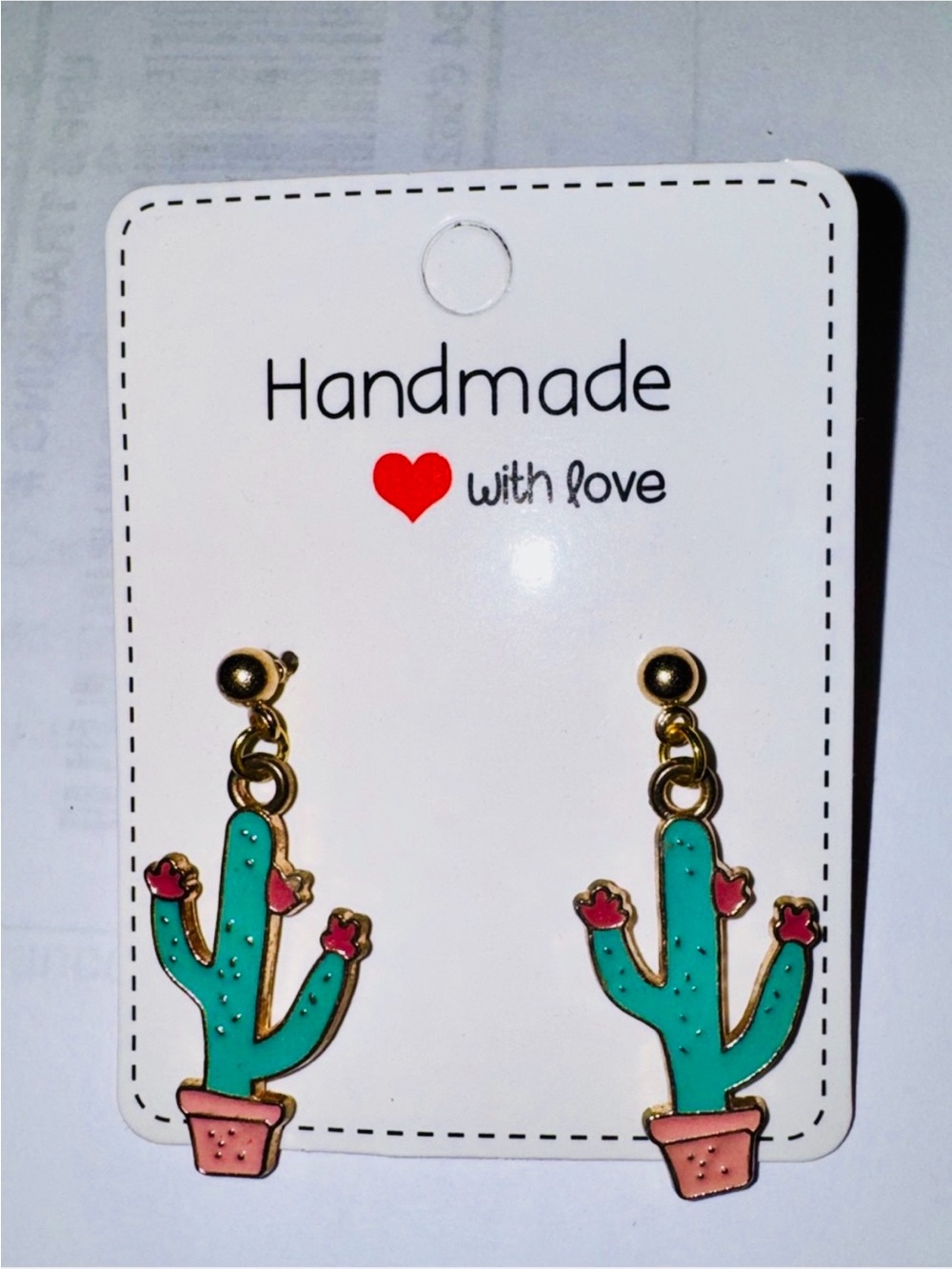 Handmade Cactus Dangle Earrings - Green, Brown & Pink gold tone - NEW